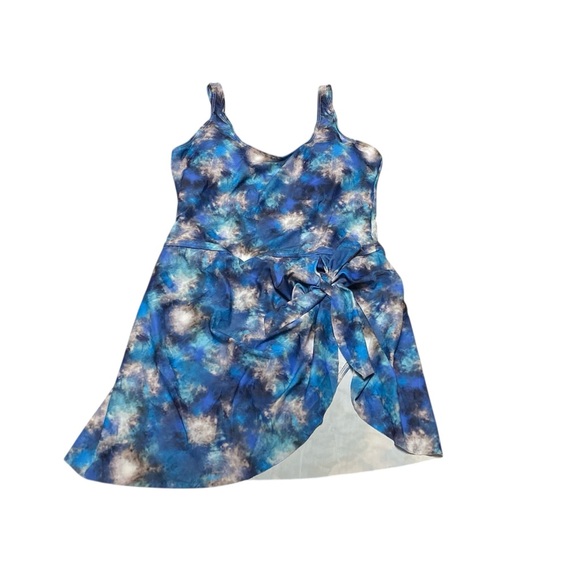Women’s Blue Tie-Dye Swim Dress Size L Tummy Control One Piece Bathing Suit - Picture 2 of 12